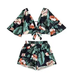 Сексуальный комплект из 2 частей Для женщин с расклешенными рукавами топ и шорты Цветочный кимоно из двух частей комплект лето-осень