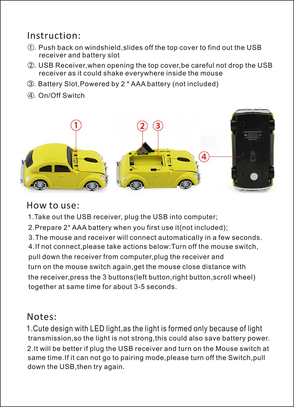 CHYI Wireless Mouse Ergonomic 2.4Ghz 1600 DPI VW Beetle Type 1 Car Family Wagon Recreational Vehicle Mouse For PC Desktop Laptop