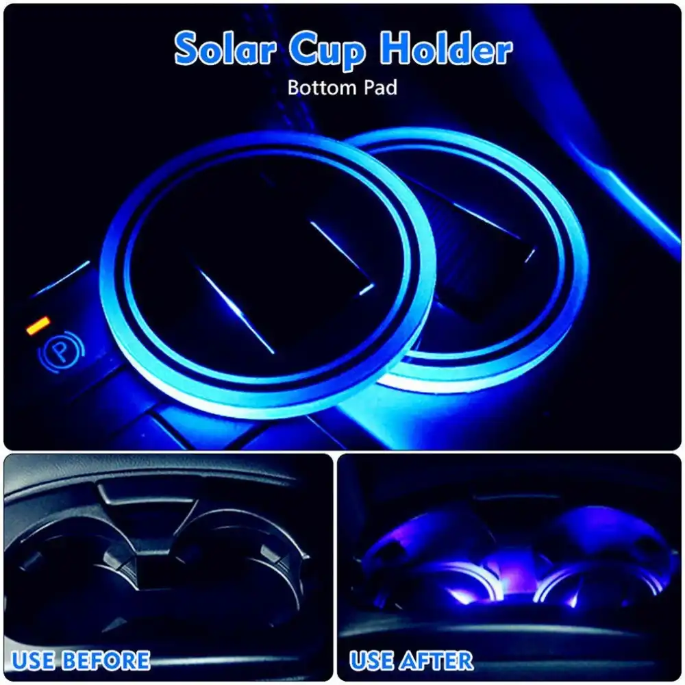 Car 2pcs Solar Cup Holder Bottom Drinks Pad Mat Blue LED Atmosphere Light Trim