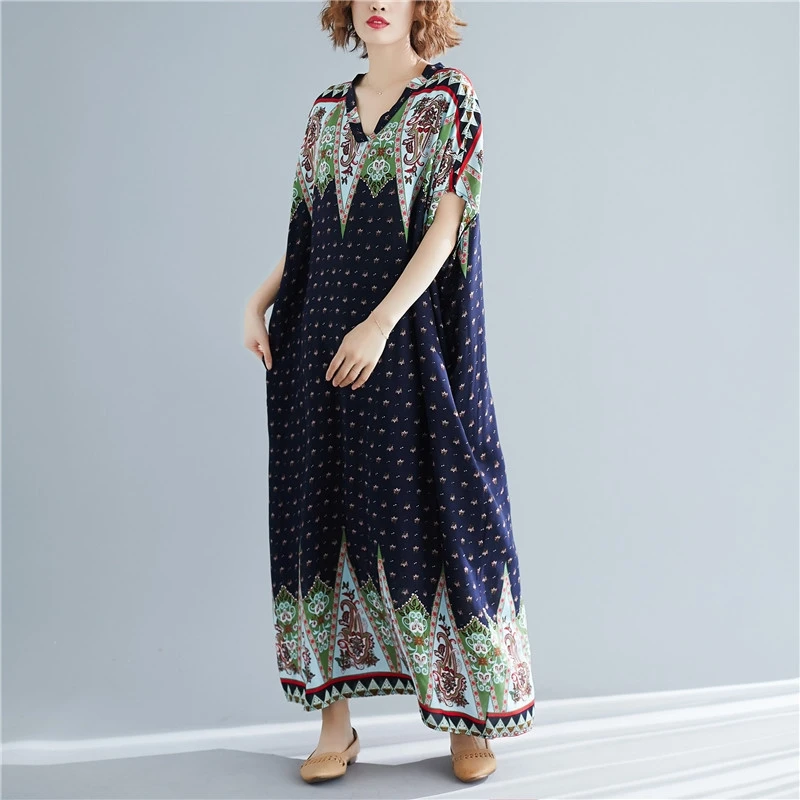 Летние платья в стиле бохо, винтажное женское платье с v-образным вырезом и цветочным принтом, свободное повседневное ретро платье, пляжное макси богемное платье TA1655
