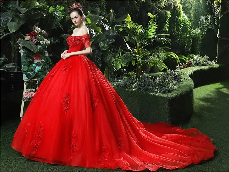 Luxury Arabic Red Wedding Dresses Beaded Ruffles Lace Appliques Bridal Gown Floor Length Bridal Dresses Vintage Bride Gown