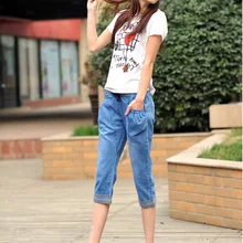 Летние новые большие размеры модные брюки Harlan seven на шнуровке с эластичной резинкой на талии Larg размер женские джинсы карандаш джинсовые брюки женские Je