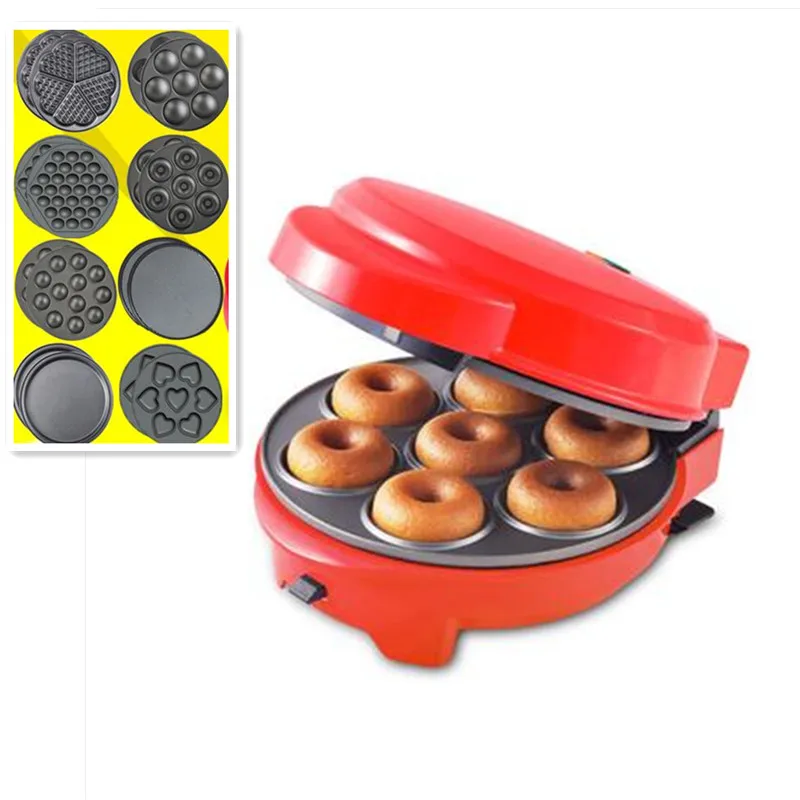 

220V Non-stick Electric DIY Breakfast Machine Multifunctional Donut Waffle Cake Maker Red Color Optional 8 Plates EU/US/BS Plug