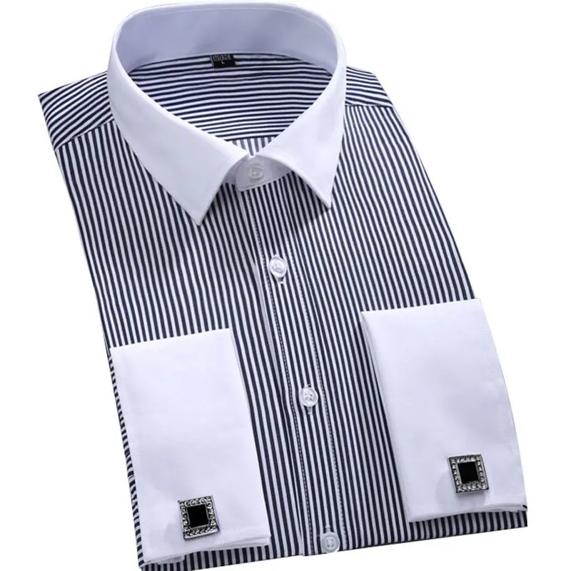 Мужские не железные приталенные французские запонки, платье, рубашка с длинным рукавом, одноцветные элегантные смокинги, рубашки, формальные, деловые, французские запонки, сорочка - Цвет: White Black Striped