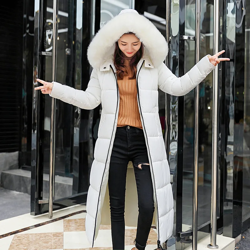 Зимняя куртка, Женская длинная парка, женский воротник из искусственного меха, с капюшоном, стеганое пальто, теплое, толстое, плюс размер, на подкладке из хлопка, верхняя одежда Okd326 - Цвет: white