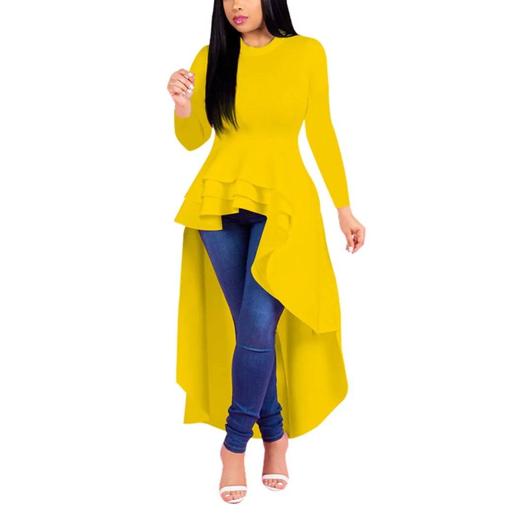 Women Dress Elegant Ladies Ruffle High Low Tops for Long Sleeve Bodycon Sexy Dress Shirt Dresses Vestidos Clothing Plus Size z7