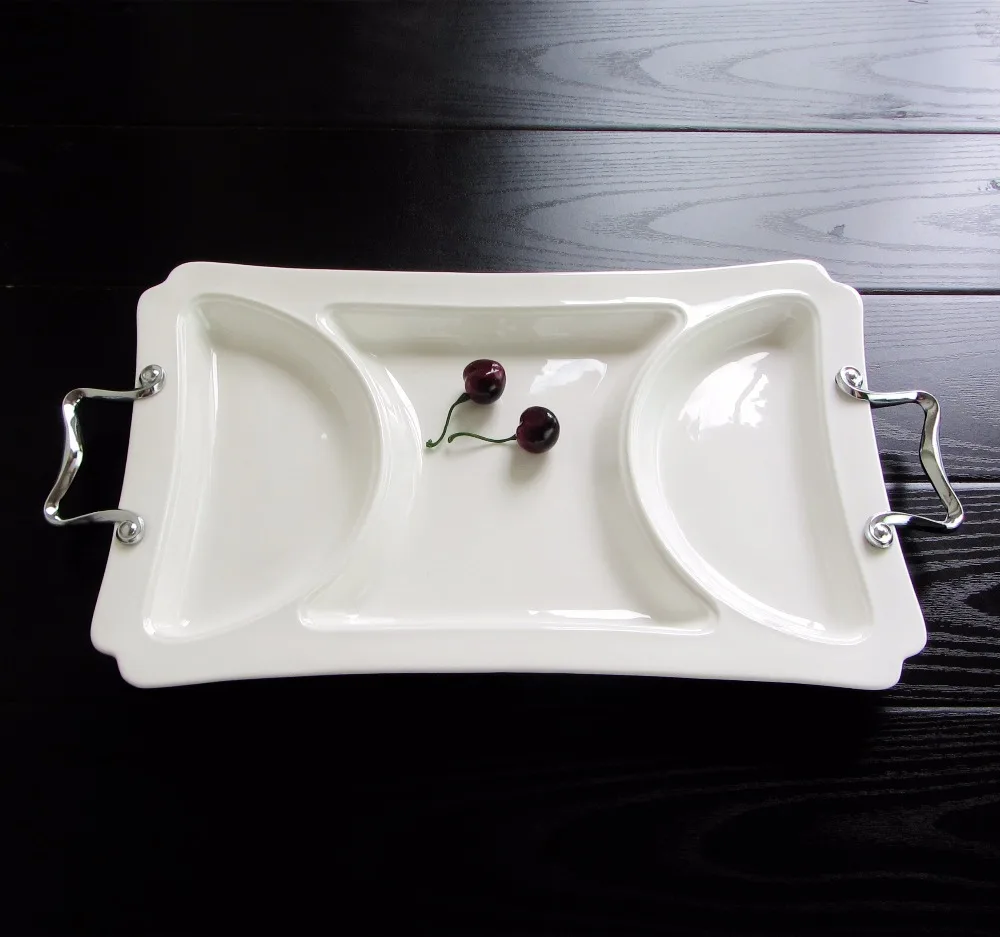 16'' Ceramic Divisions Serving Tray With Handles Decorative Porcelain