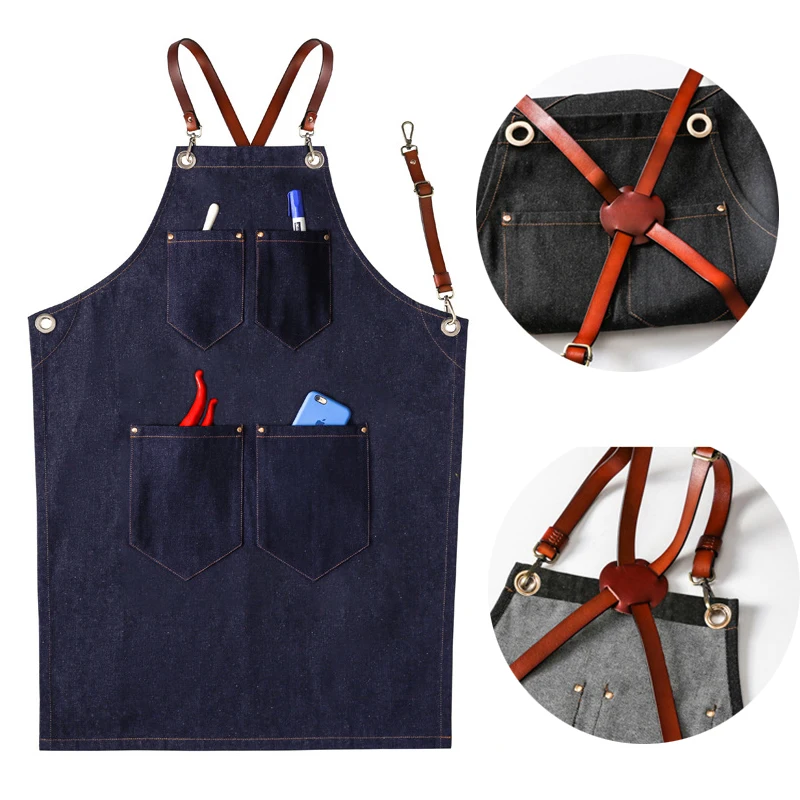 

Simple Denim Adult Cowboy Apron Bib Leather Straps BBQ Senior Apron for Women Men Kitchen cooking barber Waitress Pinafores Logo