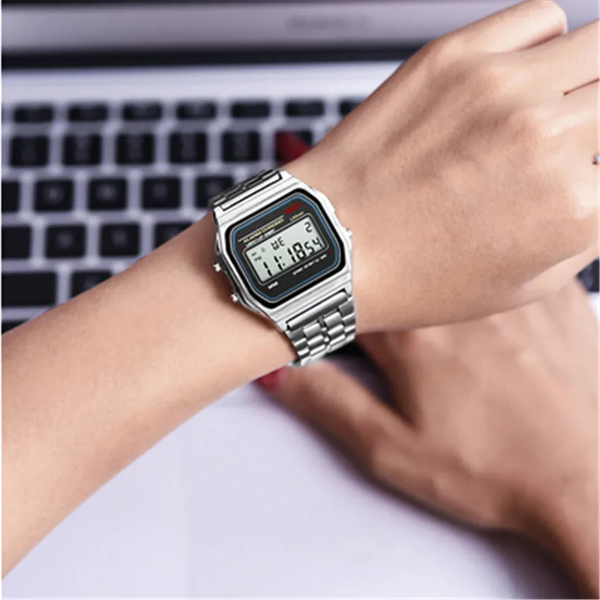 Для женщин Для мужчин квадратные часы золотые женские Ретро светодиодный цифровые спортивные Наручные часы поражения электрическим током для девочек Часы Relogio Feminino 328