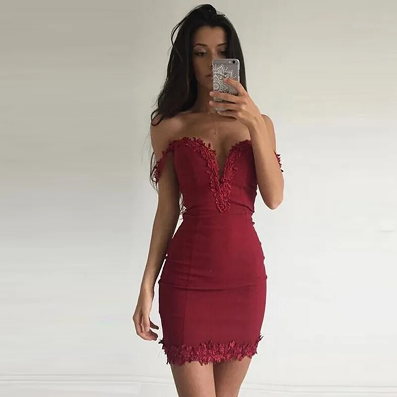 

2019 Fashion New Off The Shoulder Appliqued Pencil Dress Women Slim Slash Neck Short Sleeve Mini dress vestidos verano 2019