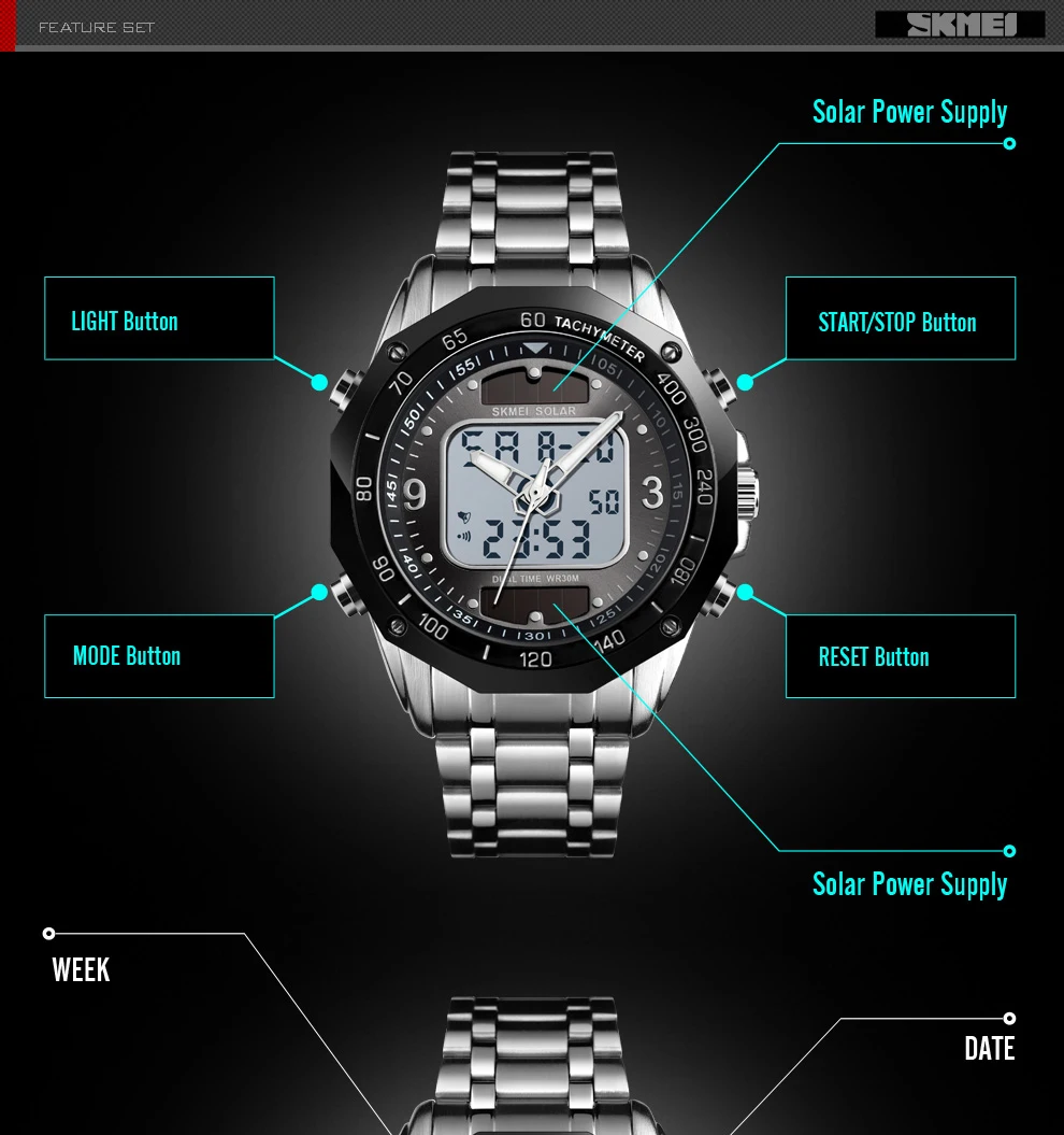 SKMEI брендовые солнечные часы для мужчин синие из нержавеющей стали двойной дисплей цифровые светодиодные кварцевые мужские часы relogio masculino