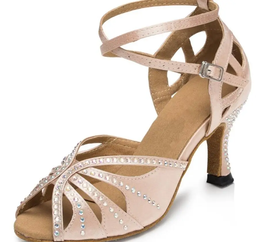 Стразы; обувь для танцев; обувь для латинских танцев; Обувь для бальных танцев; обувь для латинских танцев; обувь для танго; пикантная обувь на высоком каблуке 8 см; JuseDanc - Цвет: Pink heel 7.5cm