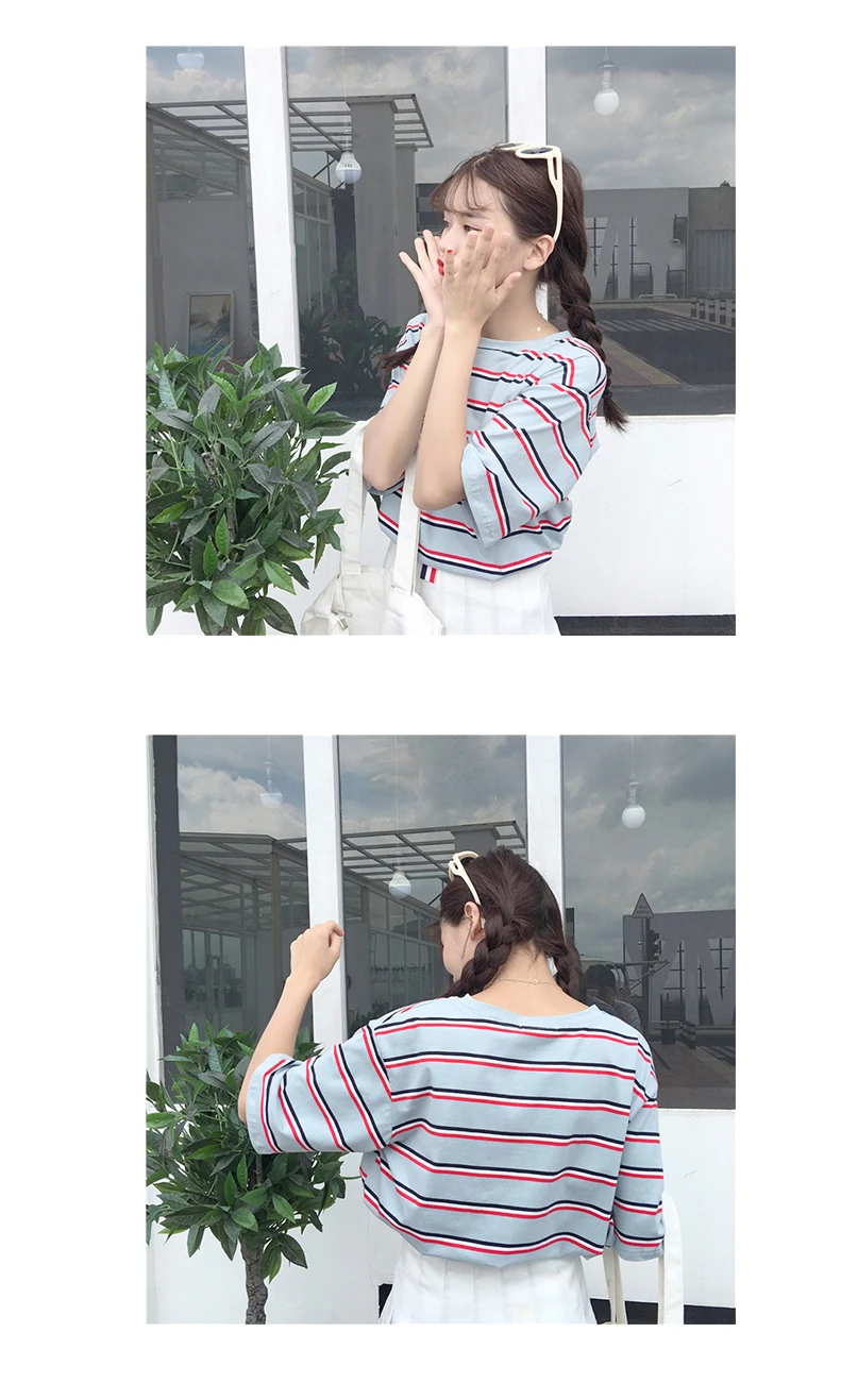 Корейская женская футболка с круглым вырезом, kawaii, розовые Топы в полоску, Harajuku, летняя футболка с коротким рукавом, повседневные свободные футболки, camiseta feminina