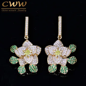

CWWZircons Gold Color Green Cubic Zirconia Stones Luxury Micro Pave Flower Dangle Drop Earrings Fashion Brand Prom Jewelry CZ278