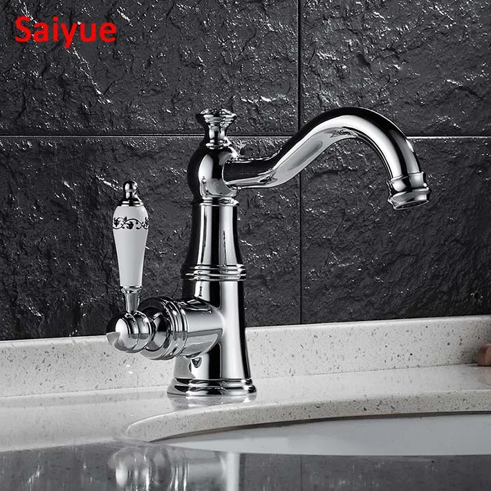 

Crane Shape Chrome Silver Waterfall Spout Bathroom Basin Faucet Single Handle Mixer Tap with blue white porcelain crystal handle