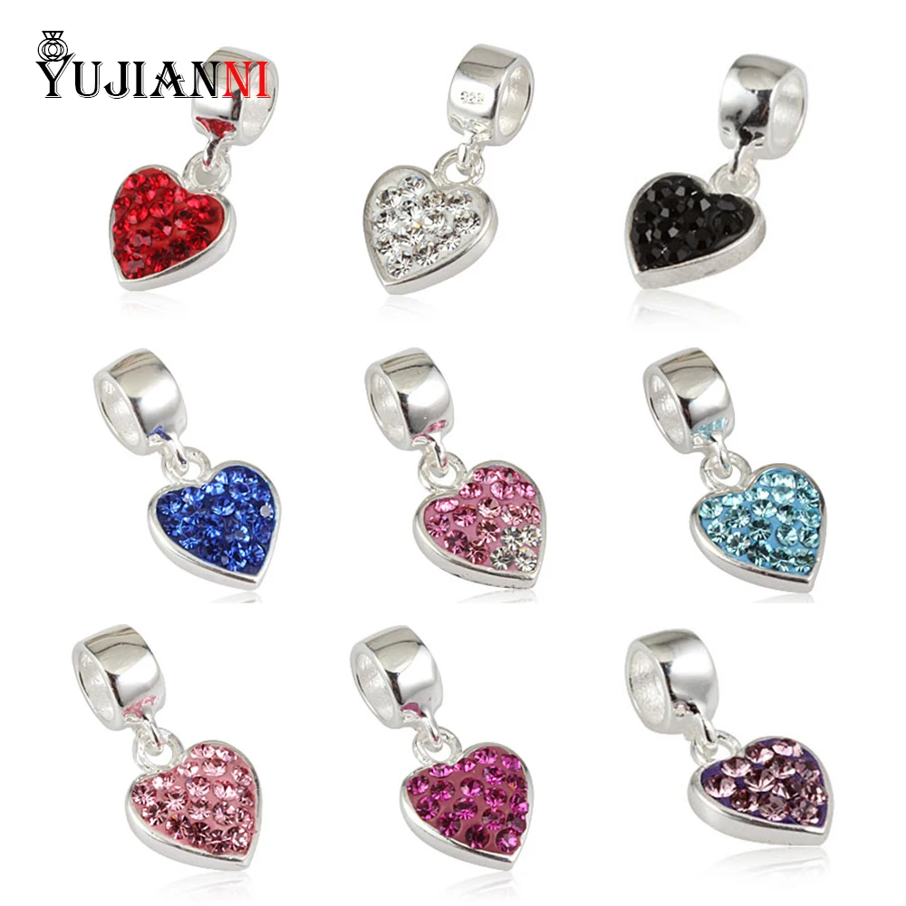 

925 Sterling Silver Heart Dangle Charms With 9 Colors Austrian Crystal fit European Pandora Beads Bracelets Jewelry Making