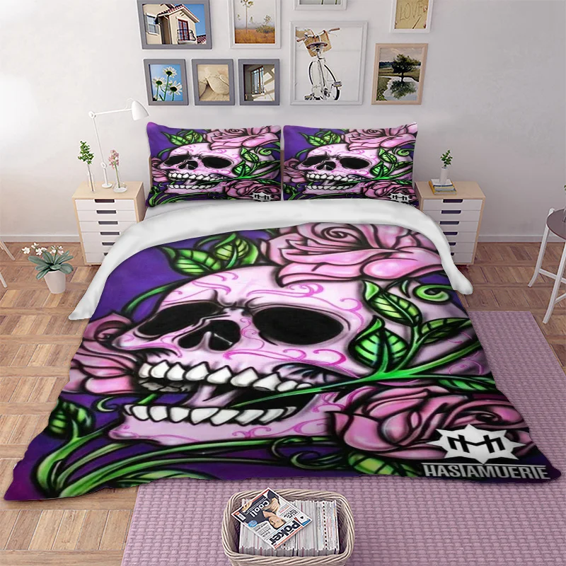 

Purple Skull printed Bedding Set Duvet Cover set with Pillow Case Queen sizes Super King sheet pillowcase 100% polyester 3pcs