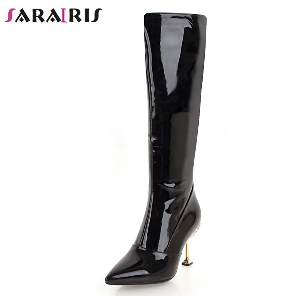 

SARAIRIS New Zip High Heels Black Shoes Woman Casual Party Autumn Winter women's Patent Pu Mid Calf Rubber Boots Big Size 32-43