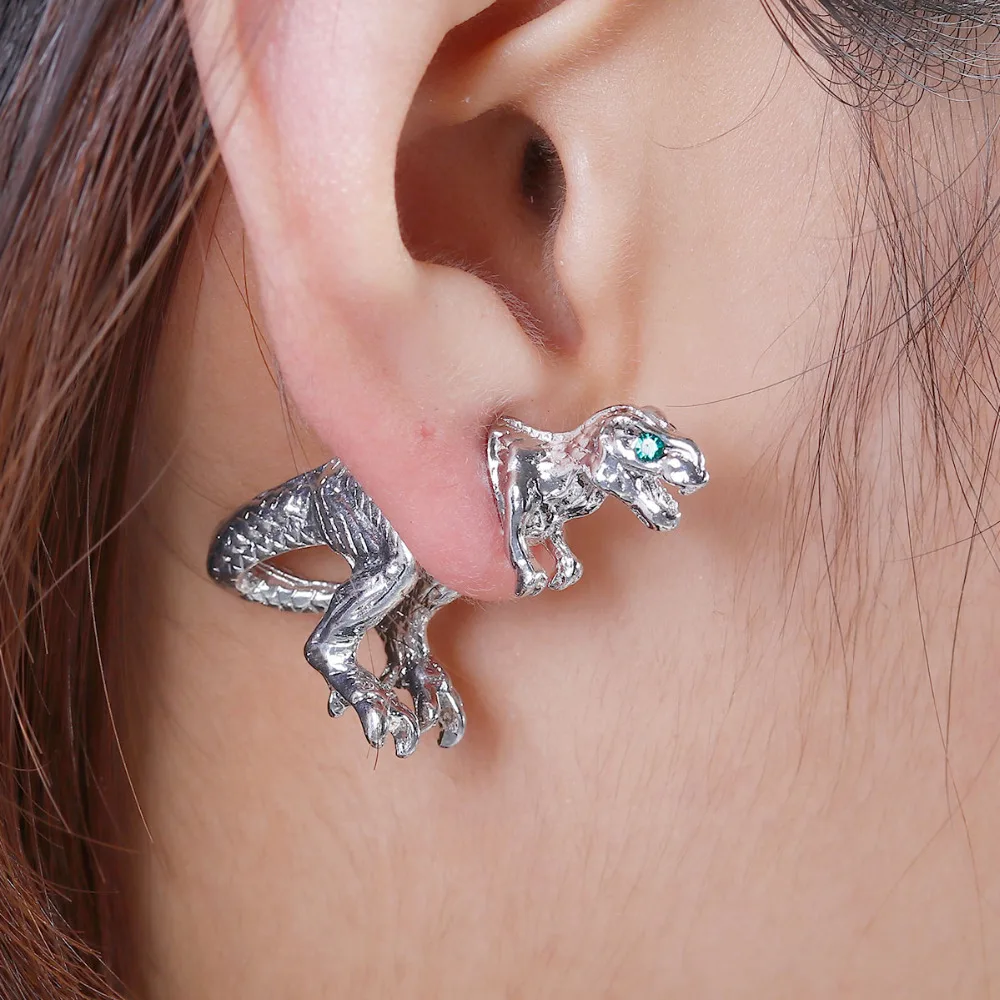 

Doreen Box 3D Double Sided Ear Post Stud Earrings Silver Tone Dinosaur Animal Green Rhinestone 28mm x 22mm,2 PCs