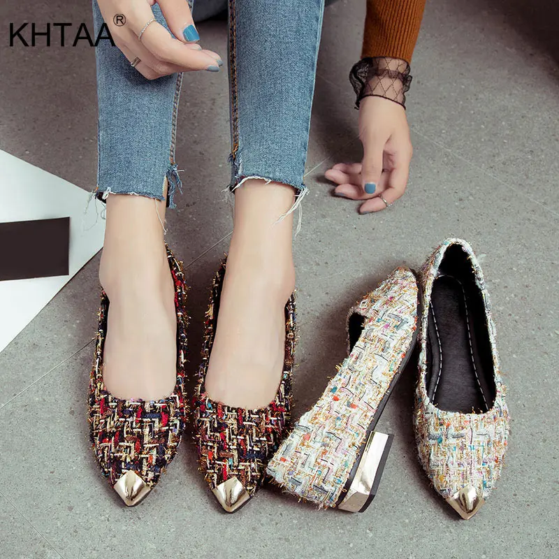 

Autumn Women Flats Gold Pointed Toe Shoes Slip on Flat Casual Metal Heel Female Shoes Plaid Shallow Shoes Ladies Footwears