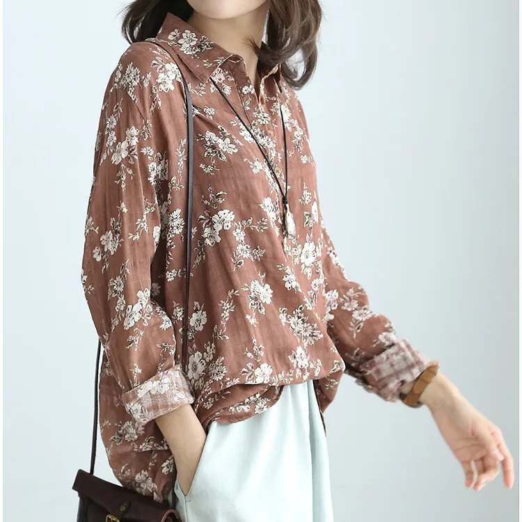 

Rustic flowers rose print pullover cotton long sleeve shirt blouse vintage