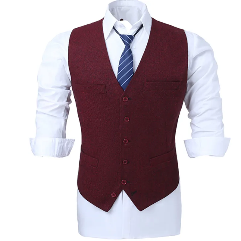 1-1  Red wool blended herringbone tweed vest Slim men`s suit vest custom sleeveless jacket men`s wedding vest