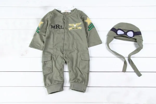 Baby polit suit Long Sleeve Rompers set with Hat Baby Boy Baby Girls Jumpsuit Flight Member Infant Baby Clothing Spring Autumn  (5)