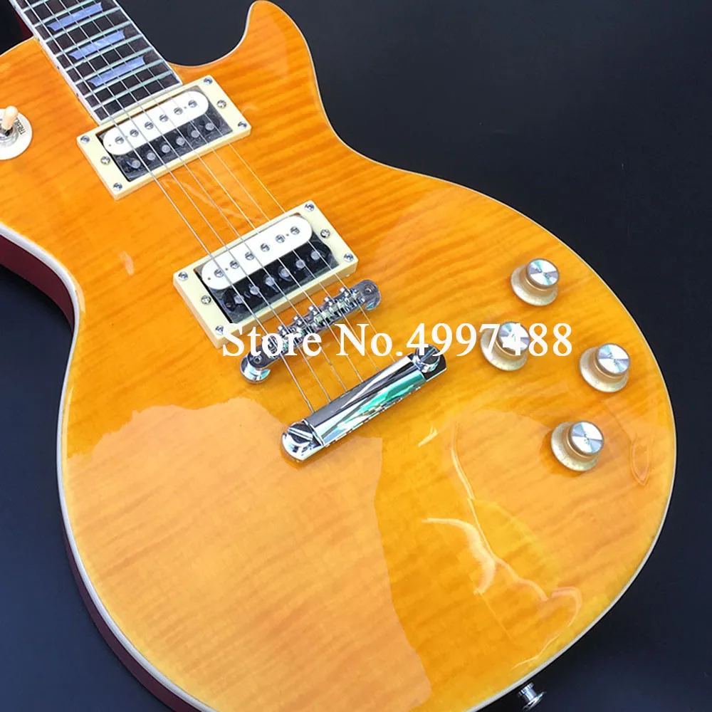 

High quality electric guitar, yellow paint, AAAAA tiger veneer, black and white pickup, rose wood fingerboard color can be custo