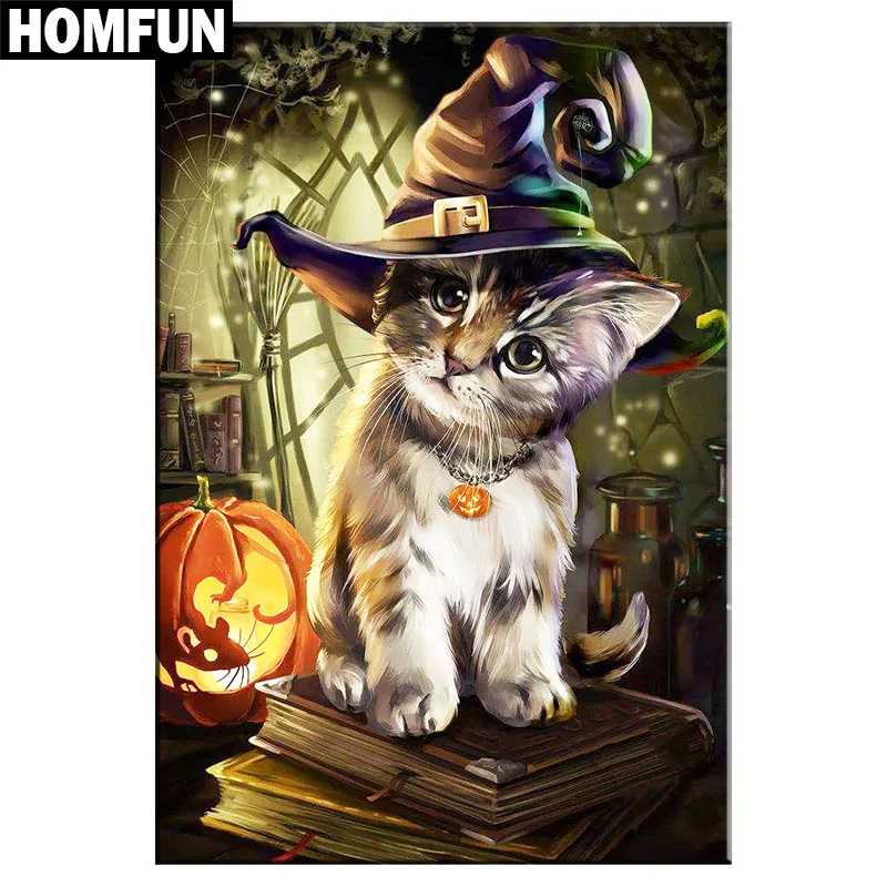 Алмазная 5D Вышивка HOMFUN картина Кот на Хэллоуин с полными квадратными/круглыми