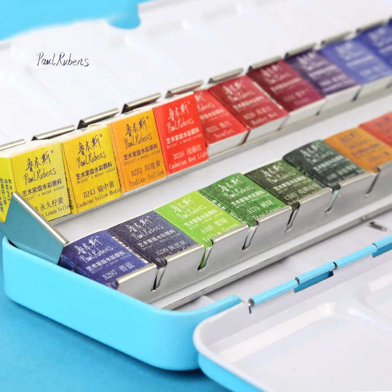 

Solid Watercolor Paint Set 12/24/48 Color Beginner Portable Blue/Powder/Navy Blue Iron Box Watercolor Art Supplies