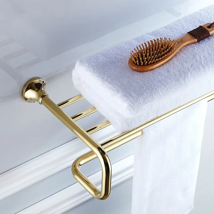 

Antique Gold Plated Copper Bathroom Shelf Towel Holder Round Base Polished Towel Bar Wall Mounted Bathroom Accessories fr3
