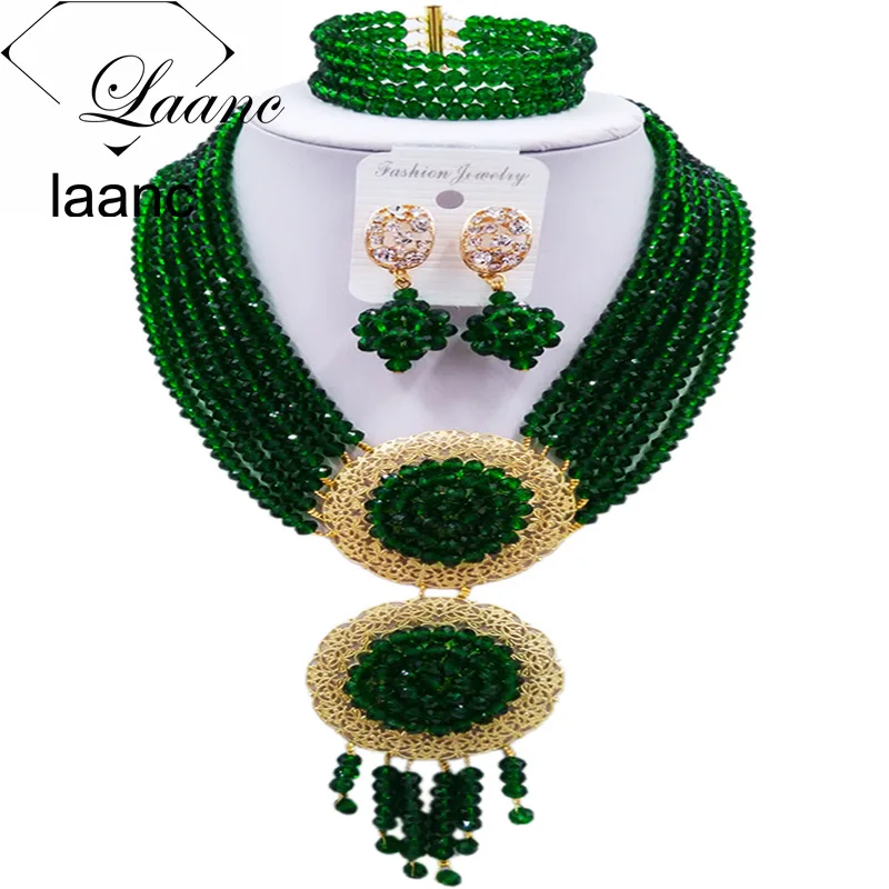 

Laanc Fashionable Dark Green Crystal African Bead Necklace Nigerian Beads Jewelry Set Bridal Wedding Jewelry Sets 6PHLS003