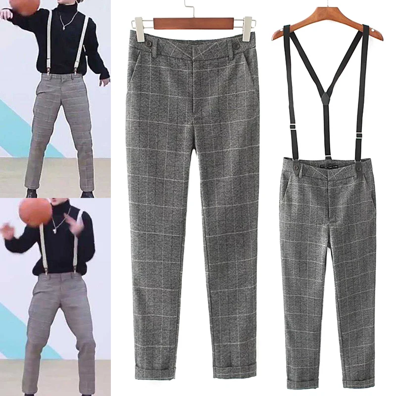 

New Arrival Men Retro Gray Plaid Trousers Vintage Casual Pants with Suspender