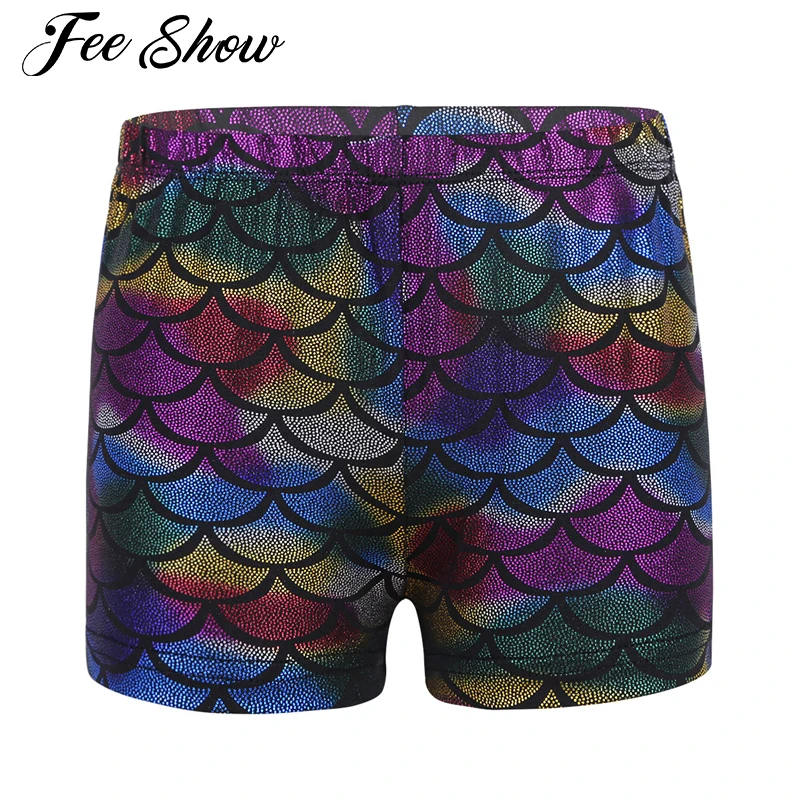

Kids Girls Shiny Summer Beach Shorts Mermaid Scales Printed Dance Shorts Bottoms for Gymnastic Workout Formal Dance Shorts