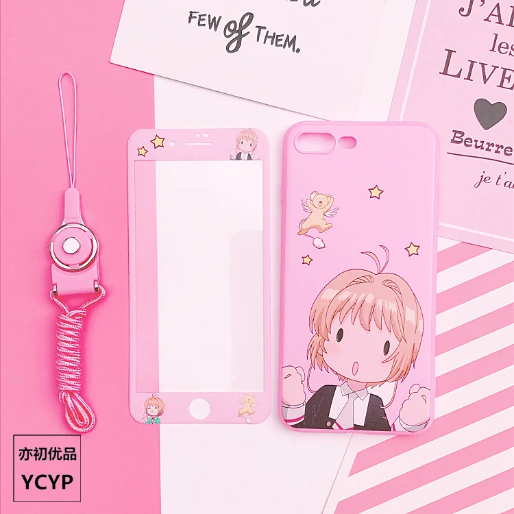 Для iphone XS Max Cardcaptor Sakura чехол+ Закаленное стекло пленка для экрана для iphone X XS XR 7 8 plus 6 6 S plus розовый чехол для девочки+ ремешок - Цвет: As shown