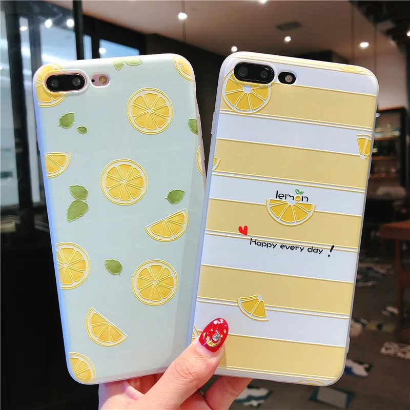 

YISHANGOU Soft TPU Silicone Shockproof Phone Case for iPhone X 8 Plus Fruit Embossed Lemon Cover For iPhone 5 5S SE 6 6S 7 Plus