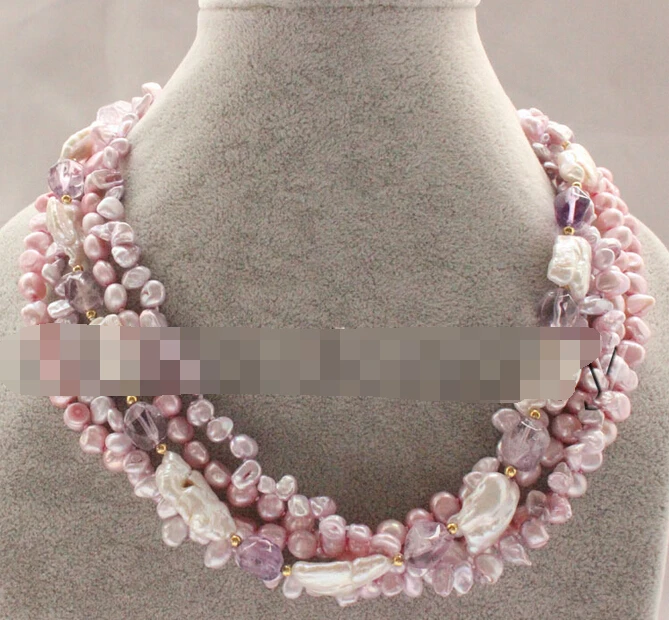 

0002366 5row 6-7mm purple -18mm white Reborn Keshi baroque freshwater pearl necklace AAA