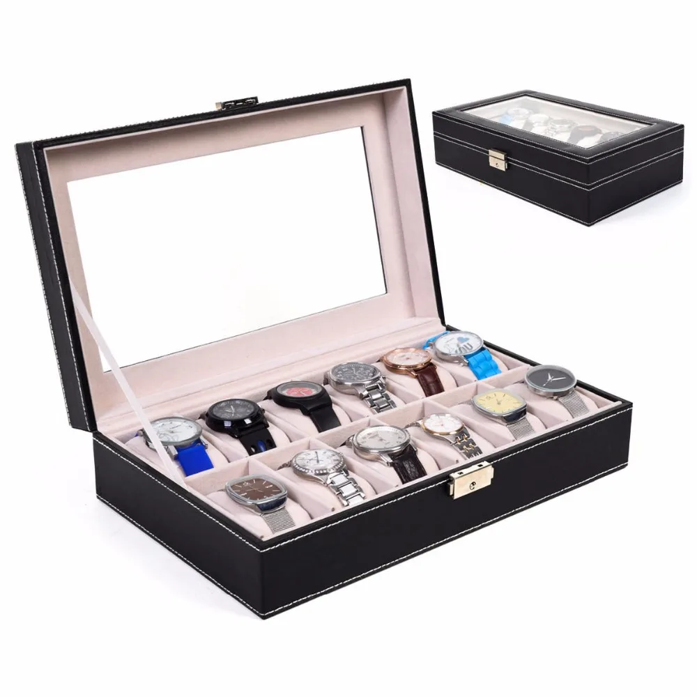 Goplus 12 Slot Watch Box Case PU Leather Display Organizer Glass Top