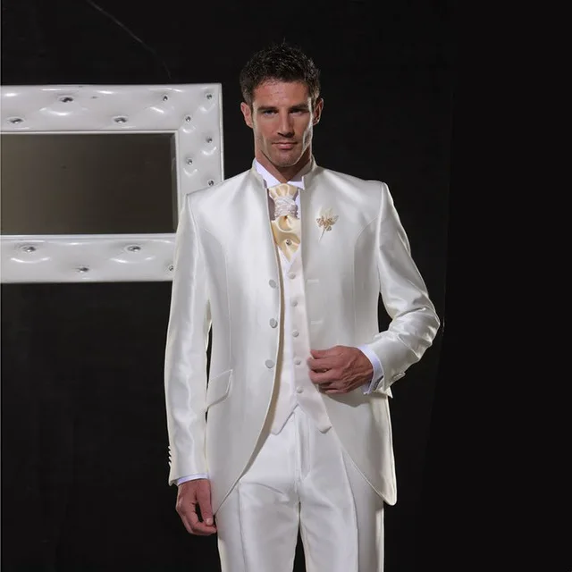 

Ivory/White Satin Men Suits Classic Retro Italy Wedding Suit For Men Elegant Formal Tuxedos Stand Collar Evening Party Suit 3PCS