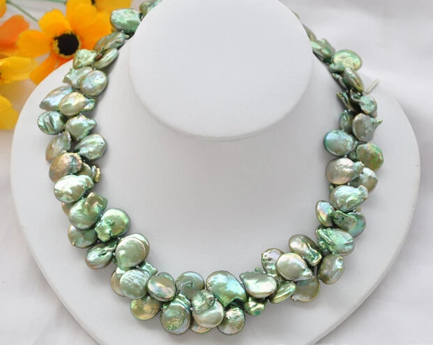 

Miss charm Jew.716 2strands 15mm coin green Freshwater cultured pearl necklace 17inch NEW