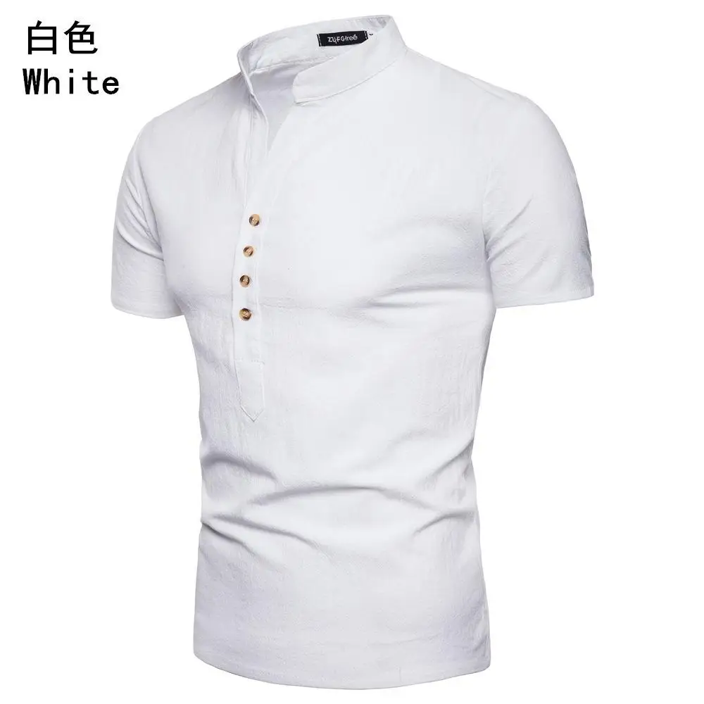 

Men's Shirt Summer Short-sleeved Linen Solid color Blouse Men Stand collar Button design Solid Casual Shirt Male