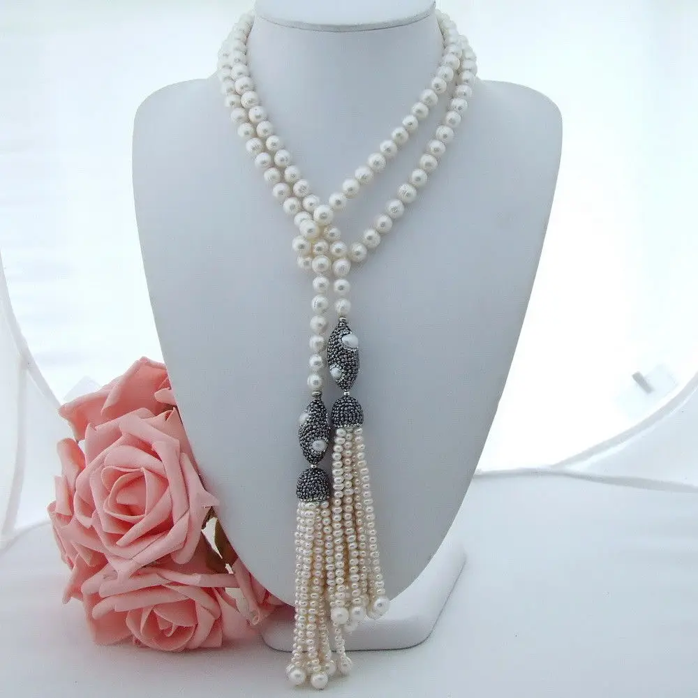 

Women's 42'' White Pearl Long Necklace CZ Connector
