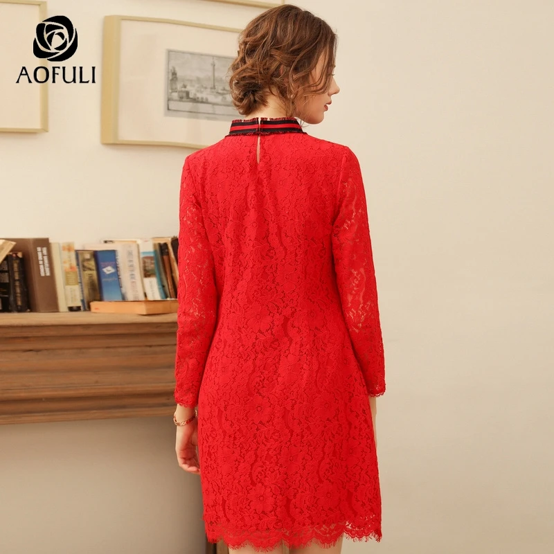 L/XL/5XL женское кружевное платье с галстуком бабочкой осеннее до колена длинным