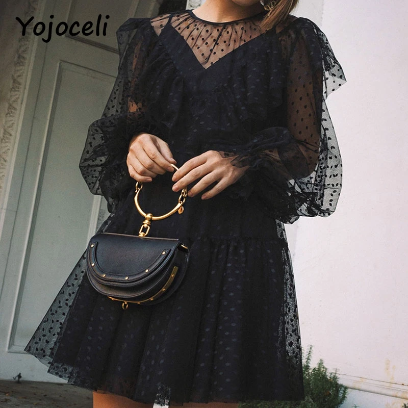 Yojoceli sexy party club black mesh lace dress women dot ruffled two pieces set dress 2018 female vestidos