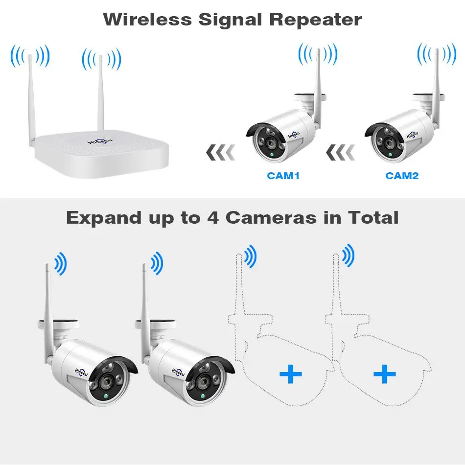 Hiseeu 4CH 1080P Wireless CCTV Camera System Wifi 2pcs 2MP Metal Waterproof IP Camera Outdoor Secur