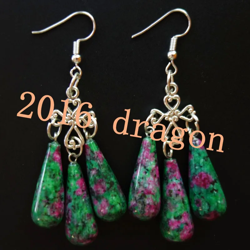 

YUTENG Tibetan Silver Cross & Rubys in Fuchsite Teardrop Dangle Drop Earrings KL09