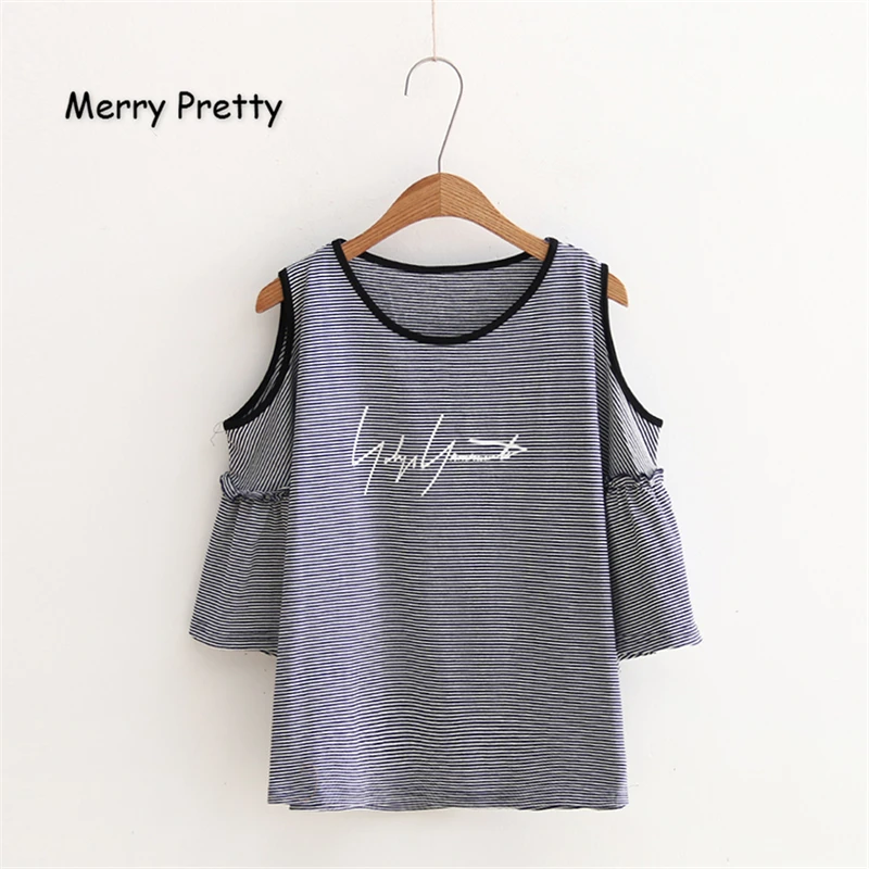 

Merry Pretty Women Off Shouder Striped T Shirts 2019 Summer Puff Sleeve O-Neck Cotton T Shirt For Femme Letter Print Tops Tees