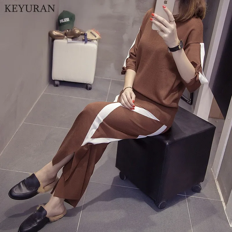 

Spring Autumn Knitted Tracksuit Sweatshirts Casual Suit Women clothing 2 Piece set Knit Wide leg pants Sporting Set Plus Size