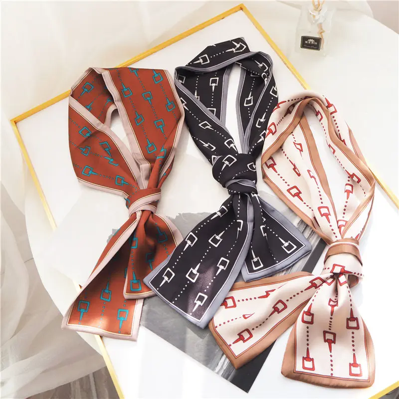 

9X98CM New designer spring summer fashion printed small silk scarves long women High Quality neck scarf handbands bags ribbons