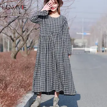 

USWMIE 2020 Spring Women Dresses National Wind Literature O-neck Lattice Long Sleeve Vestidos Long Pattern Loose Comfort Dress